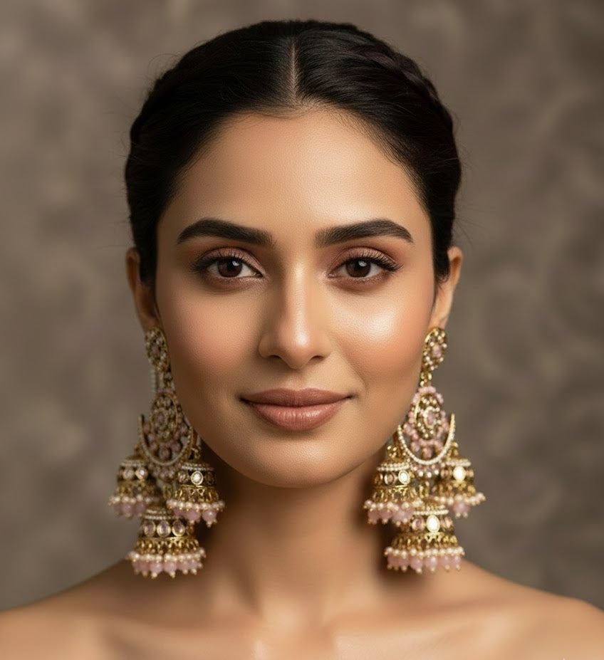Blush Pink Chandni Triple-Layer Kaan-chain Jhumka