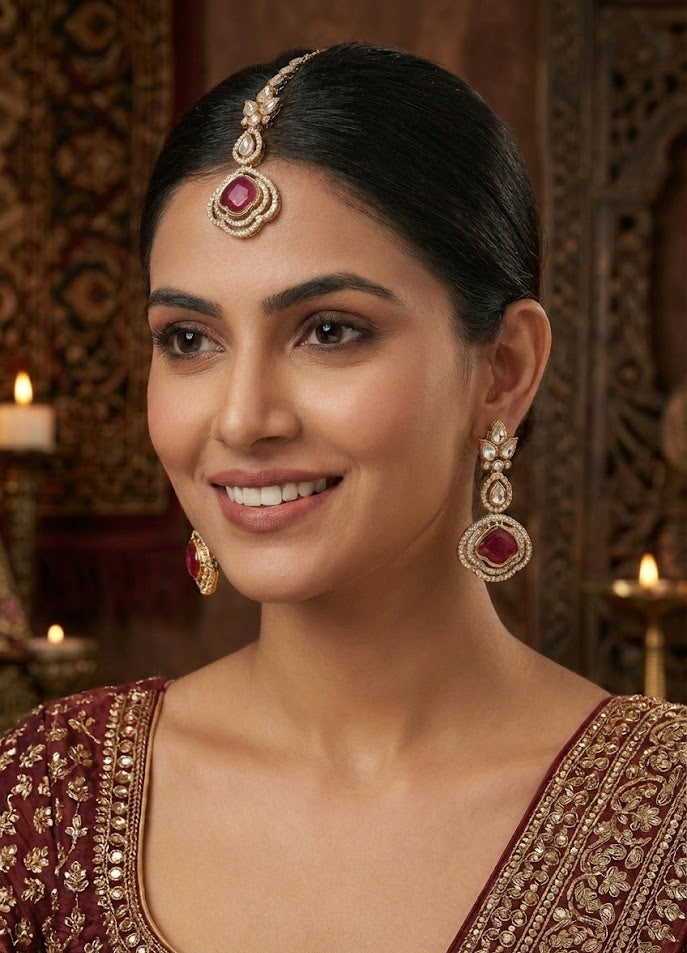 Wine & Crystal Polki Dangler  Earrings with Maang Tikka