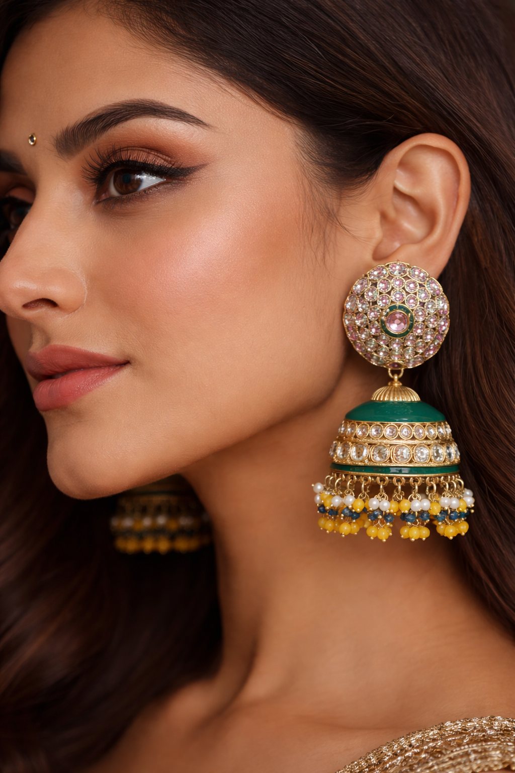 Regal Kundan Jhumka Earrings with Emerald Enamel & Pearl Drops - Yellow