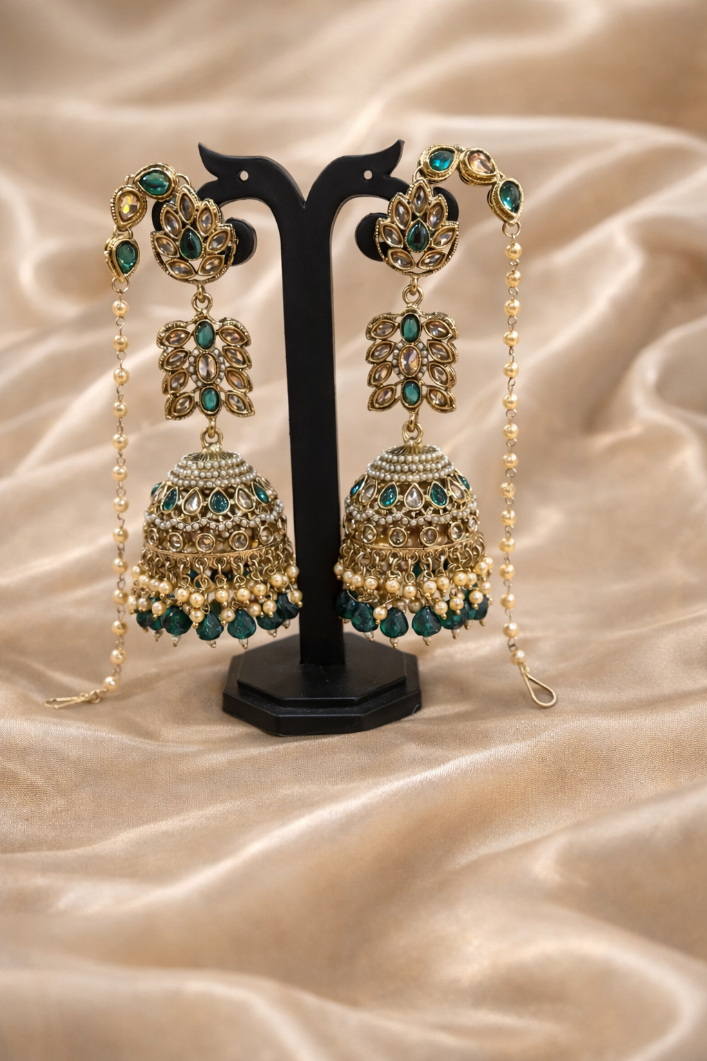 The Zoya Teal Blue & Pearl Kaan-Chain Jhumkas