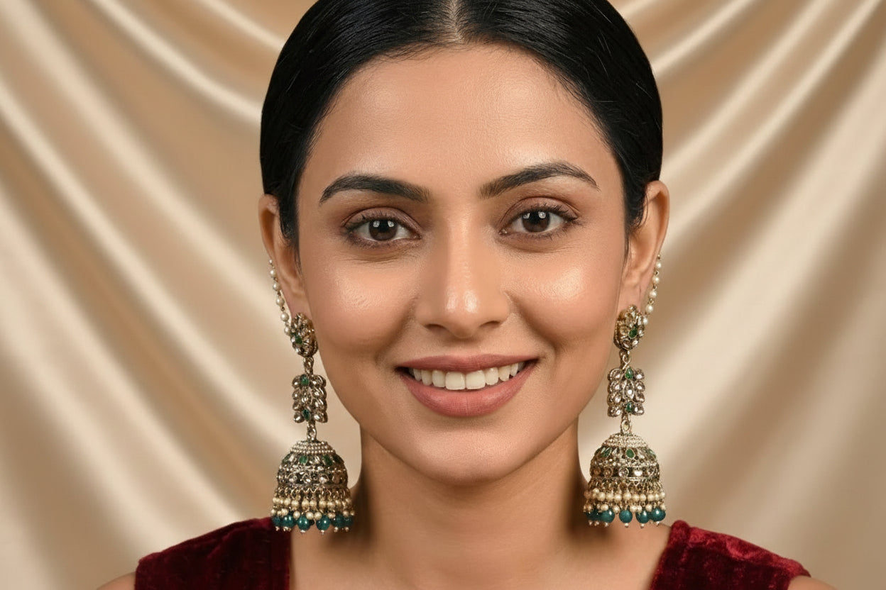 The Zoya Teal Blue & Pearl Kaan-Chain Jhumkas
