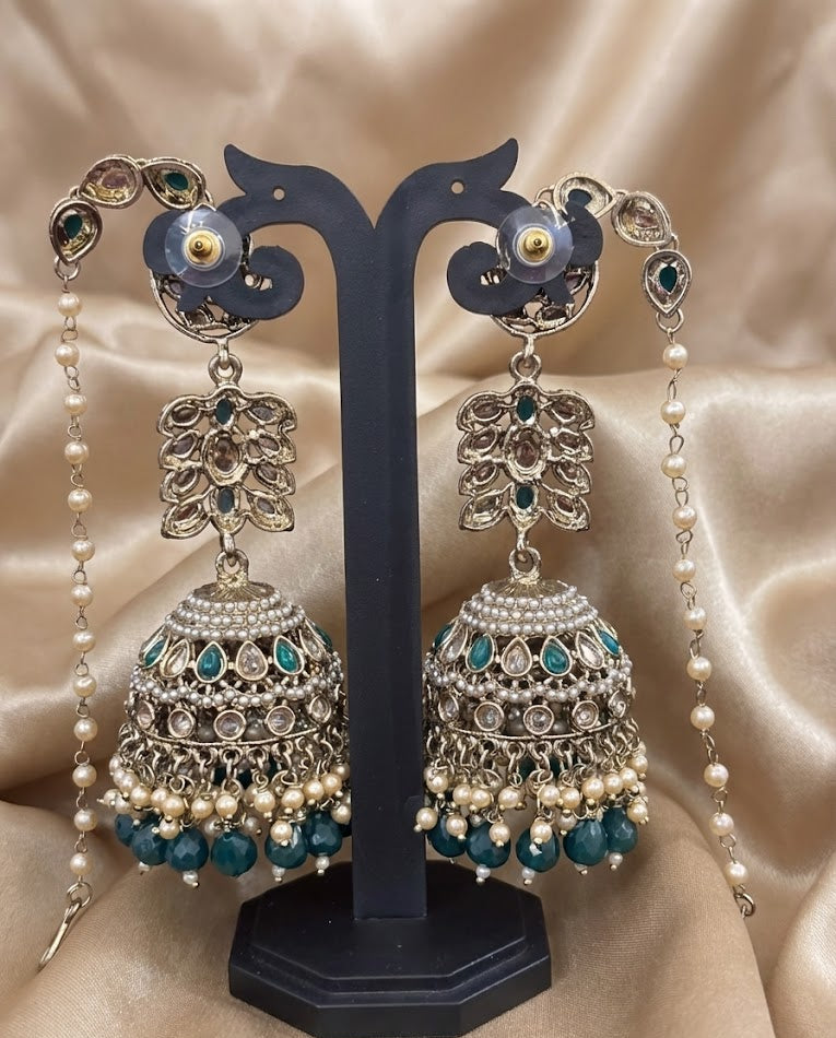 The Zoya Emerald Green & Pearl Kaan-Chain Jhumkas