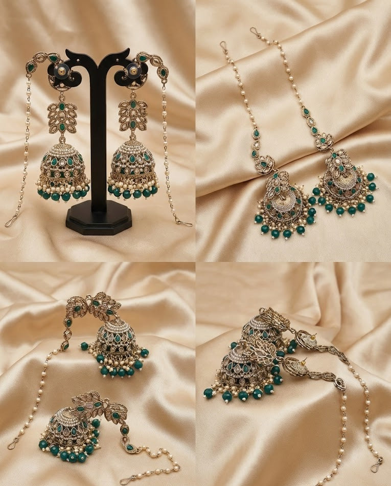 The Zoya Emerald Green & Pearl Kaan-Chain Jhumkas