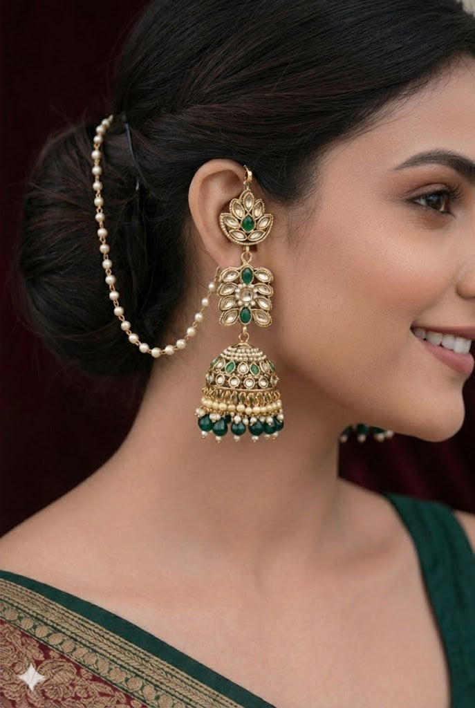The Zoya Emerald Green & Pearl Kaan-Chain Jhumkas