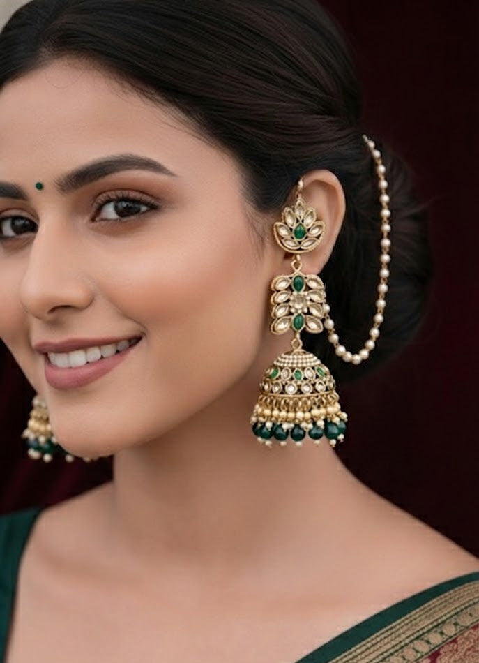 The Zoya Emerald Green & Pearl Kaan-Chain Jhumkas